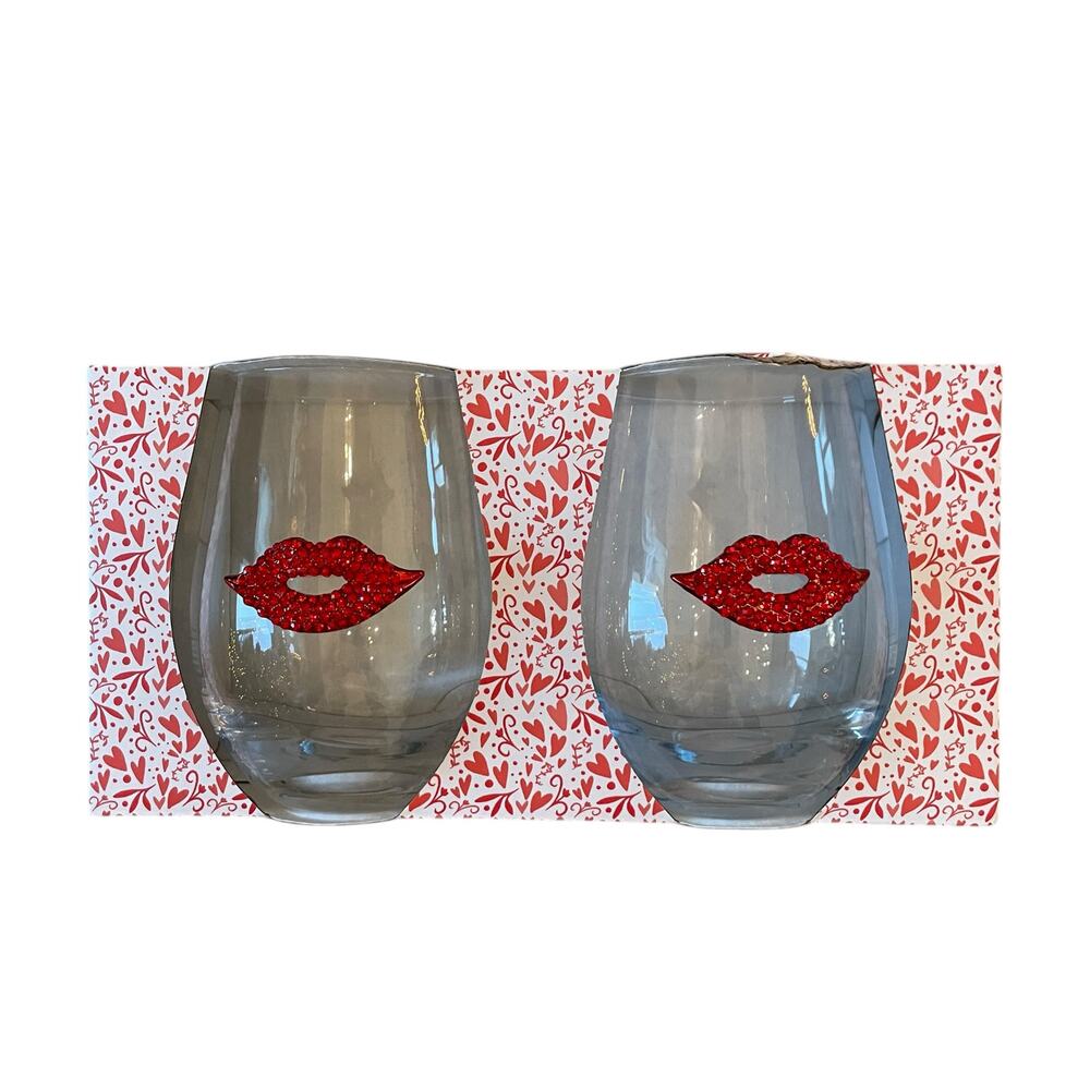 Valentines Jeweled Rhinestone Red Lips Stemless Wine Glasses Set of 2 New